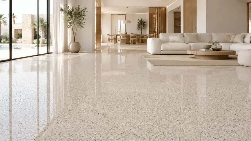 modern house interior with terrazzo floor and glass finish